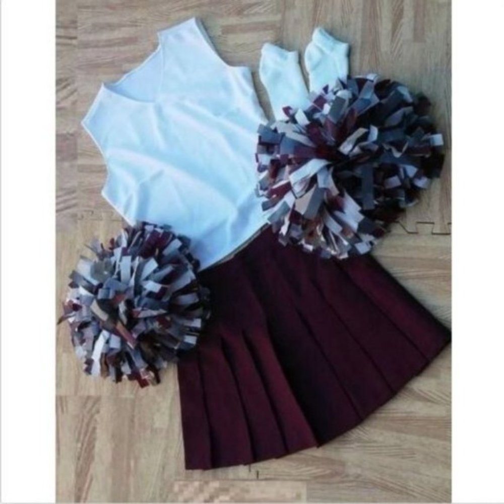 MAROON WHITE CHEERLEADER UNIFORM TOP SKIRT POMS